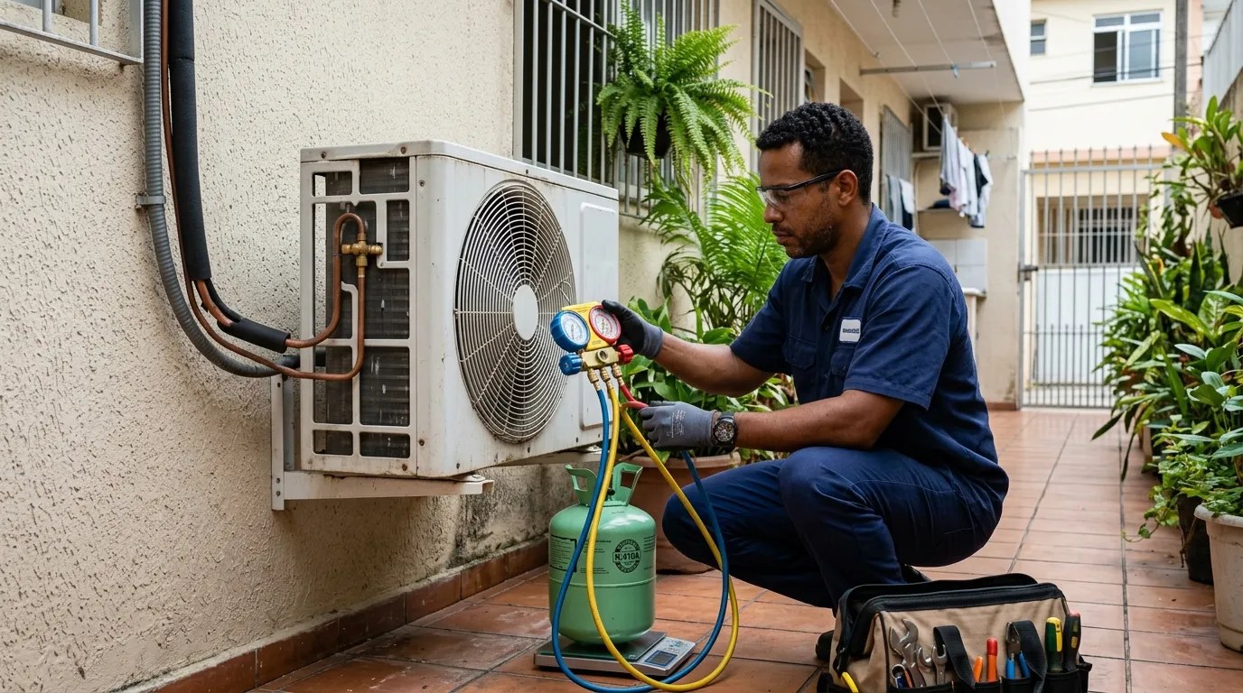 Técnico fazendo carga de gás na condensadora do ar-condicionado em Santos‑SP