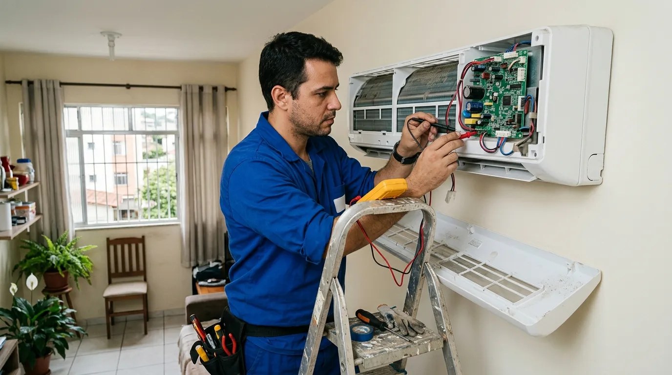 Técnico trocando a placa eletrônica de ar-condicionado split em Santos‑SP