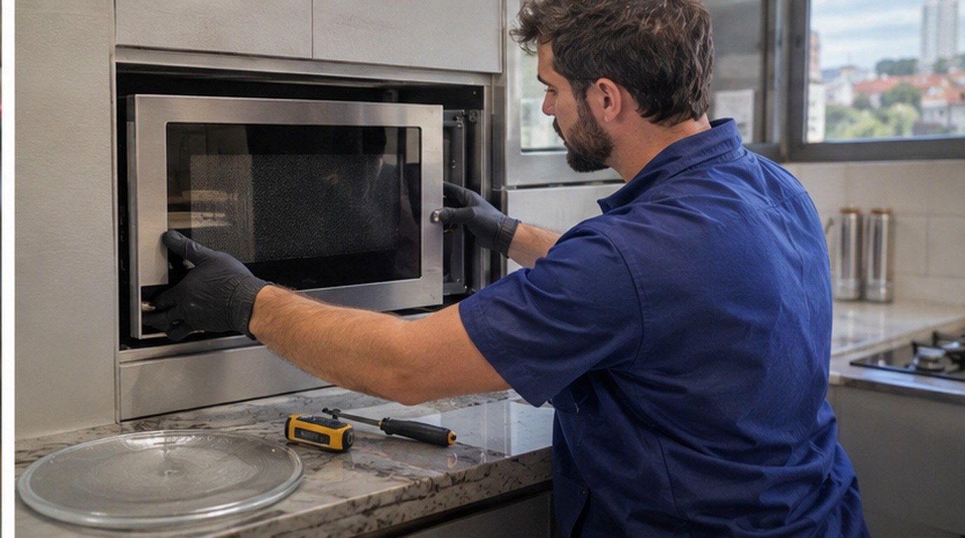 Conserto de micro-ondas de embutir em Santos‑SP: técnico encaixando o aparelho no armário