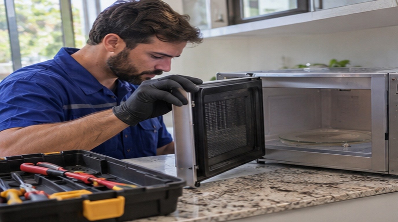 Conserto de micro-ondas em Santos‑SP: técnico abrindo um micro-ondas de bancada