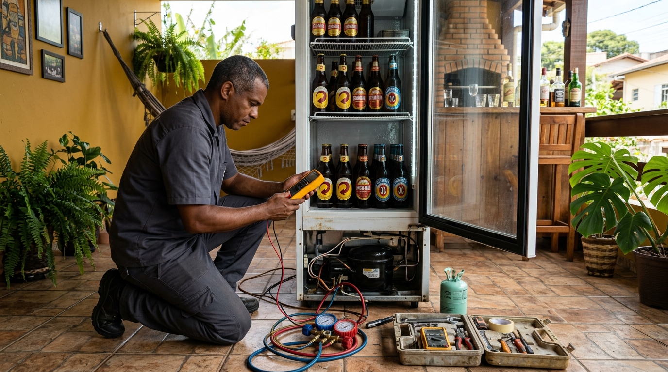 Placa eletrônica de cervejeira em reparo na bancada no Valongo, Santos‑SP