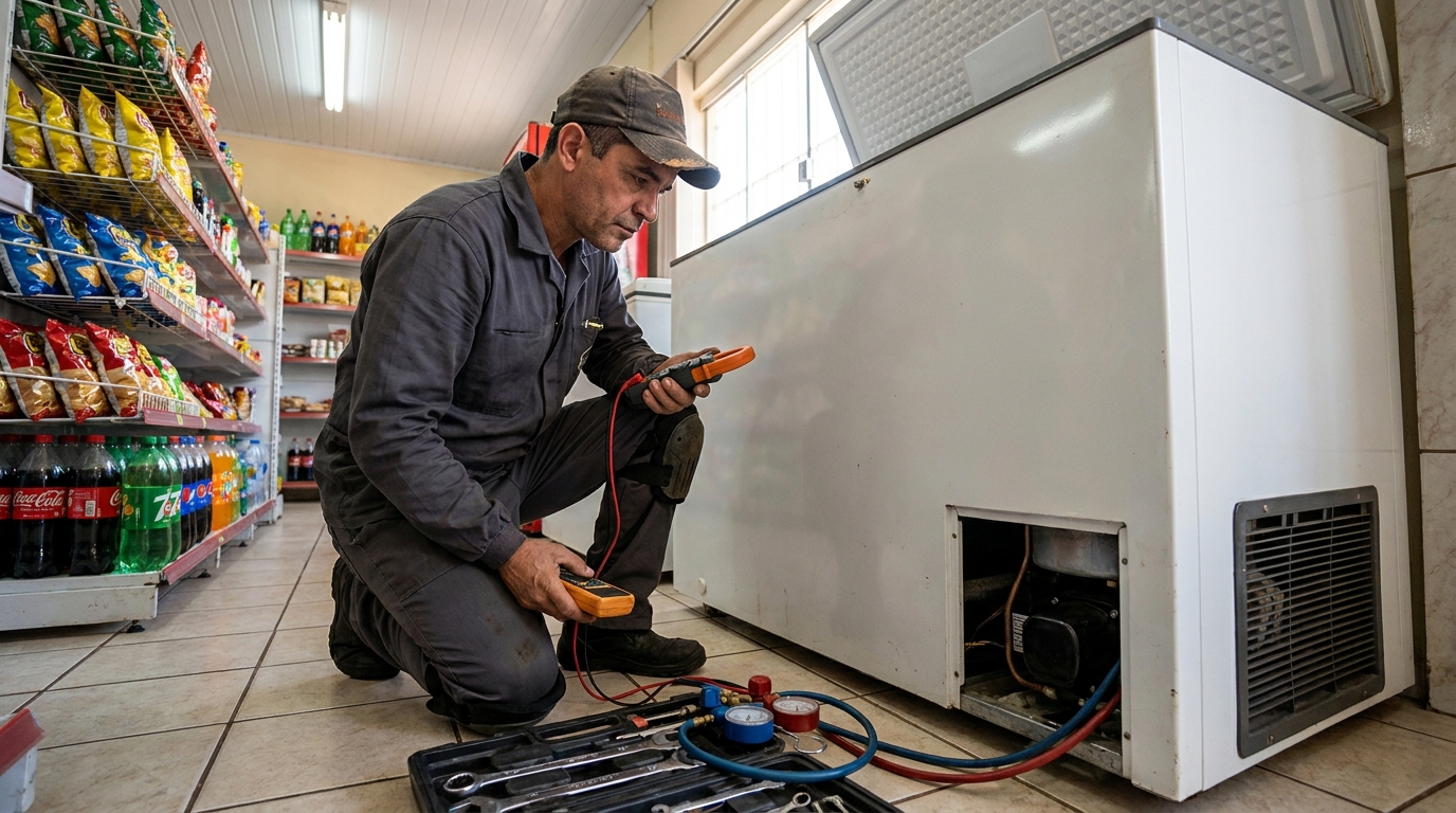 Reparo da placa eletrônica de um freezer em atendimento no Castelo, Santos‑SP