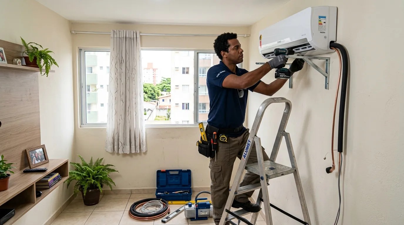 Técnico instalando ar-condicionado split em residência em Santos‑SP