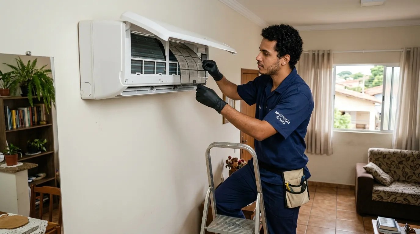 Técnico fazendo limpeza e higienização de ar-condicionado split em Santos‑SP
