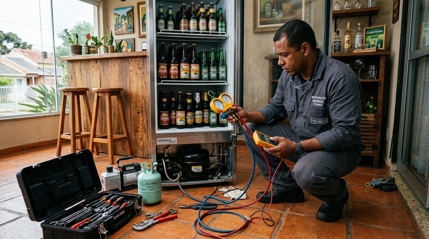 Técnico revisando o motor de uma cervejeira durante chamado no Valongo, Santos‑SP