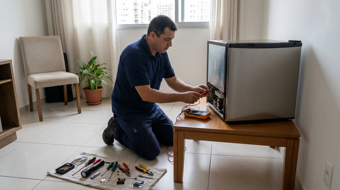 Técnico revisando o motor de um frigobar no Valongo, Santos‑SP
