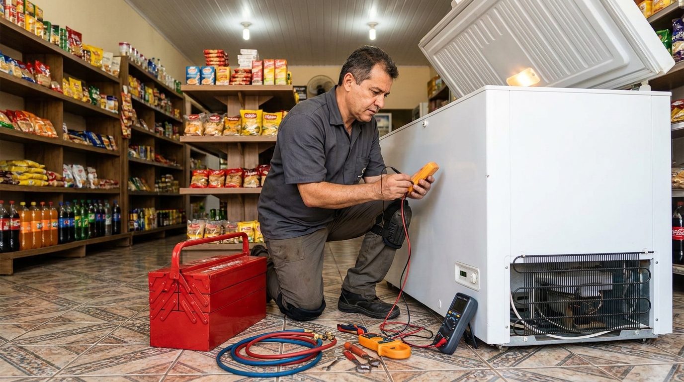 Manômetro conectado ao circuito durante recarga de gás de freezer no Castelo, Santos‑SP