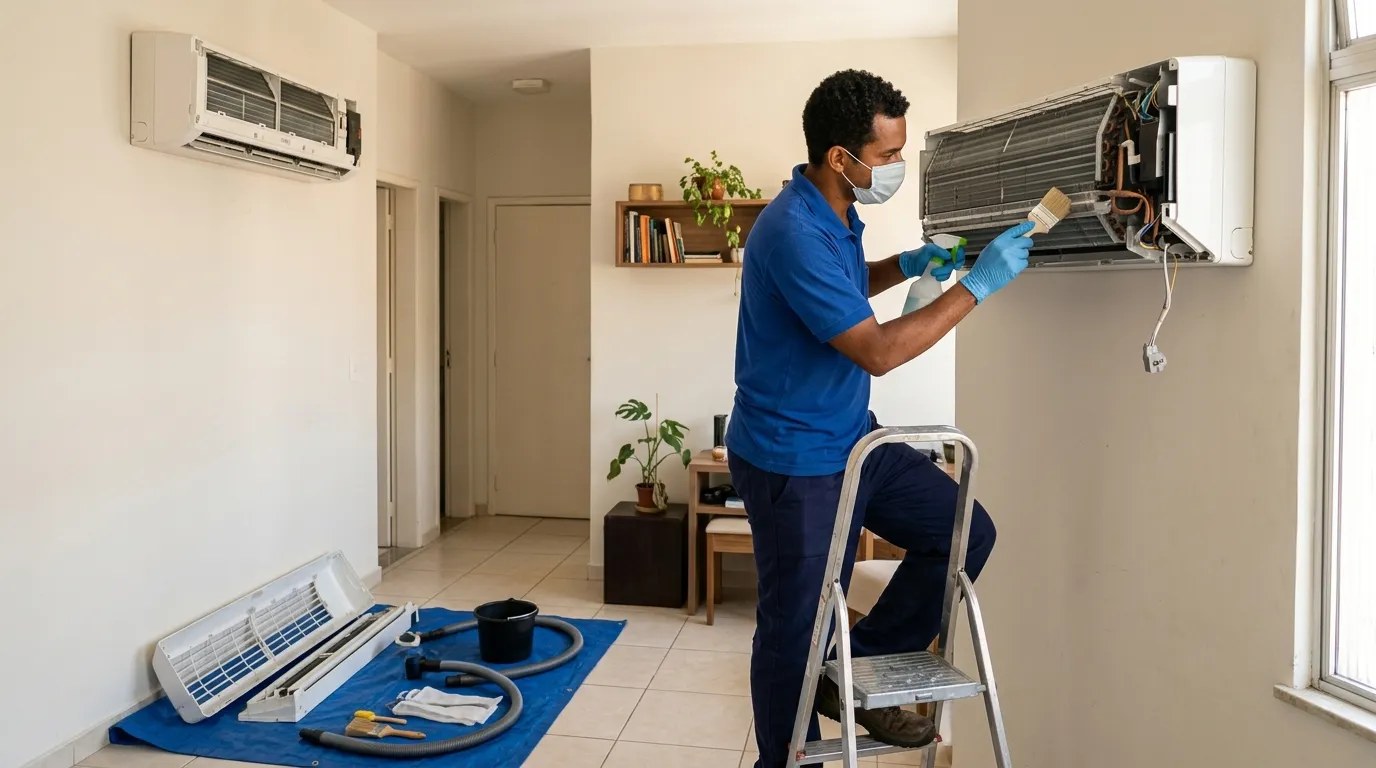 Técnico fazendo manutenção de ar-condicionado split em Santos‑SP