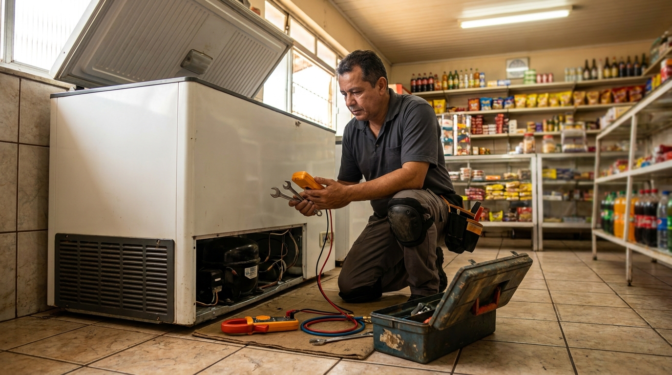 Técnico avaliando um freezer vertical durante atendimento no Castelo, Santos‑SP